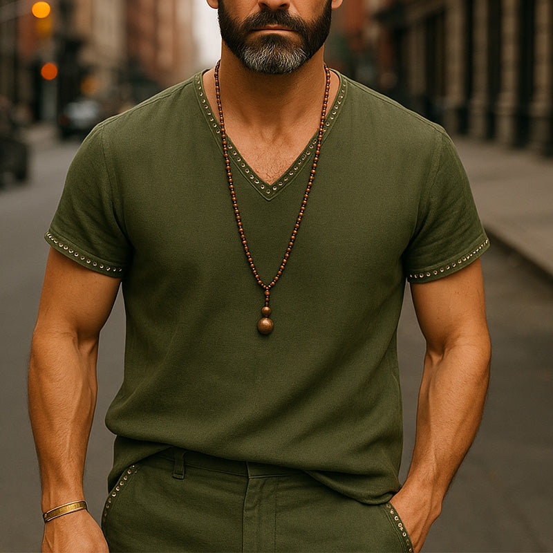 Men's Summer Breathable Comfort Hole V-Neck Linen Blended Short Sleeve T-Shirt MTA2388E6P