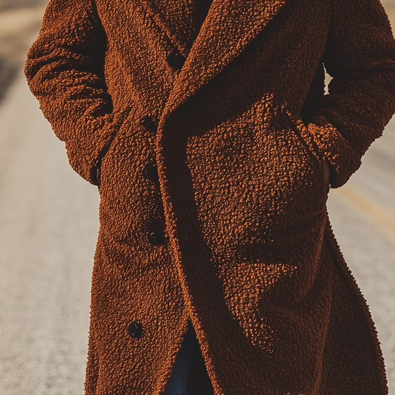 Men's Retro Solid Color Loose Fleece Lapel Button-Down Long Coat MTA3080J8X