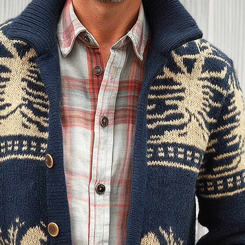 Men's Retro Colorblock Jacquard Knit Button Cardigan MTA0119I2U