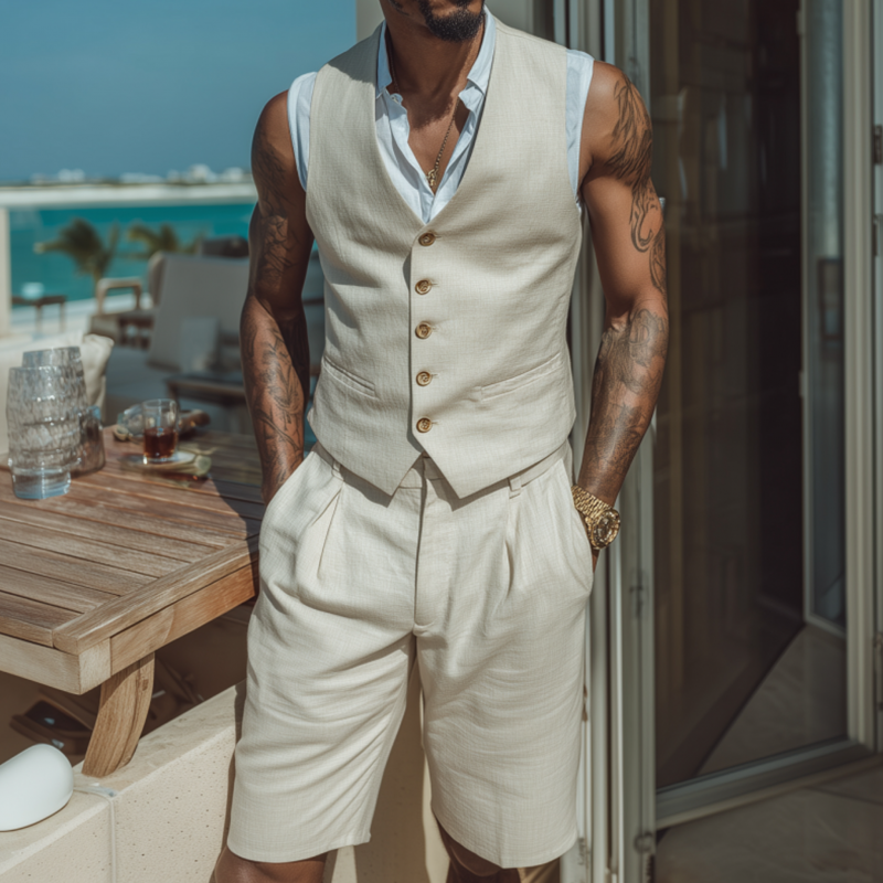 Herre vintage elegant bomullsblanding V-hals enkeltspent slim fit dressvest shortssett (T-skjorte ikke inkludert) MTA1846F8M