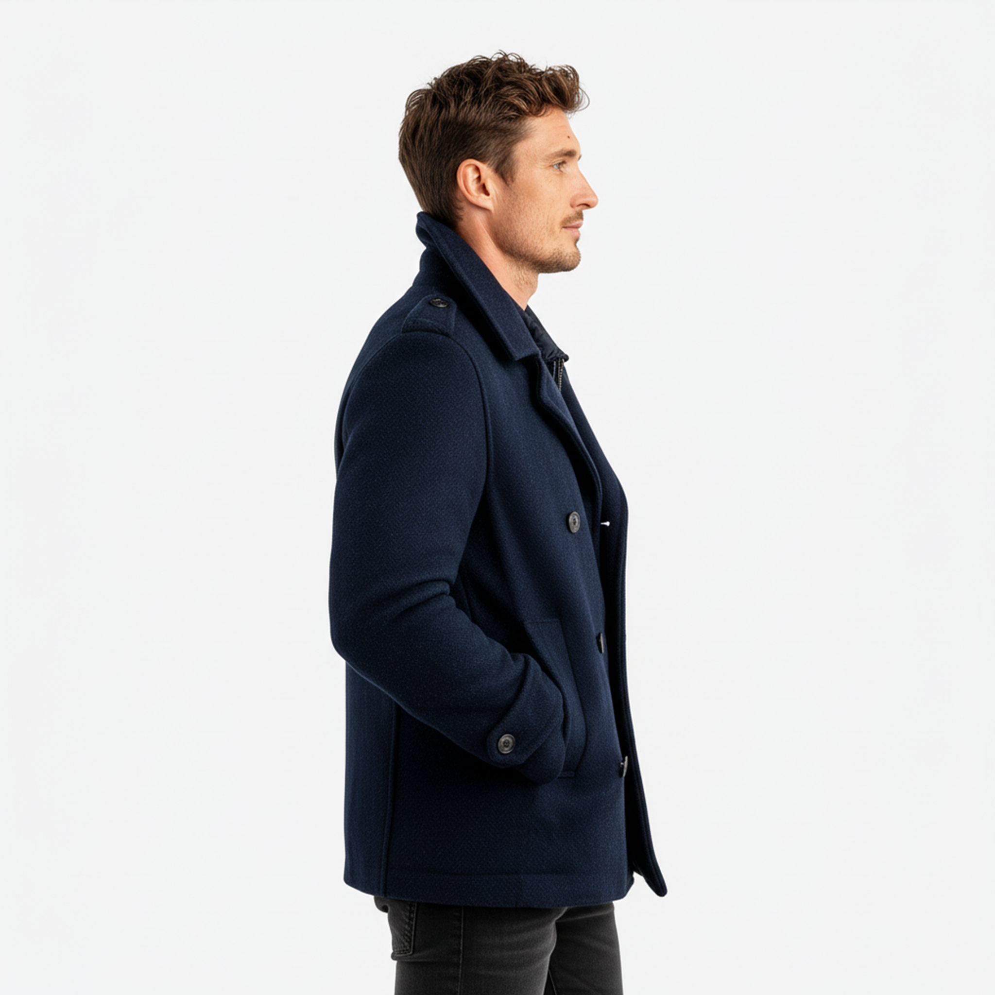 Men's Classic Retro Lapel Navy Blue Double-breasted Faux Woolen Short Coat MTA2644I9K