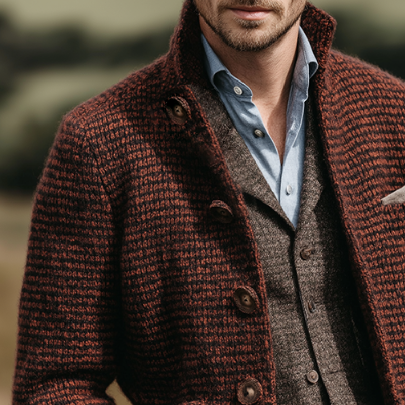 Men's Retro Casual Stand Collar Plaid Knit Button-Down Cardigan Jacket MTA2834J9TO