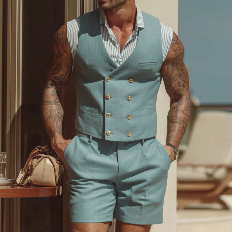 Men's Vintage Elegant Cotton Blend V-Neck Double-Breasted Slim Fit Suit Vest Shorts Set (Shirt Excluded) MTA1840F6M