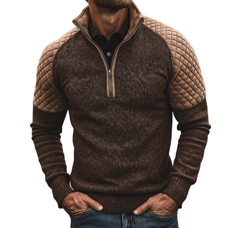 Men's Retro Casual Quilted Patchwork Knitted Zipper Collar Sweater MTA1082K8TO