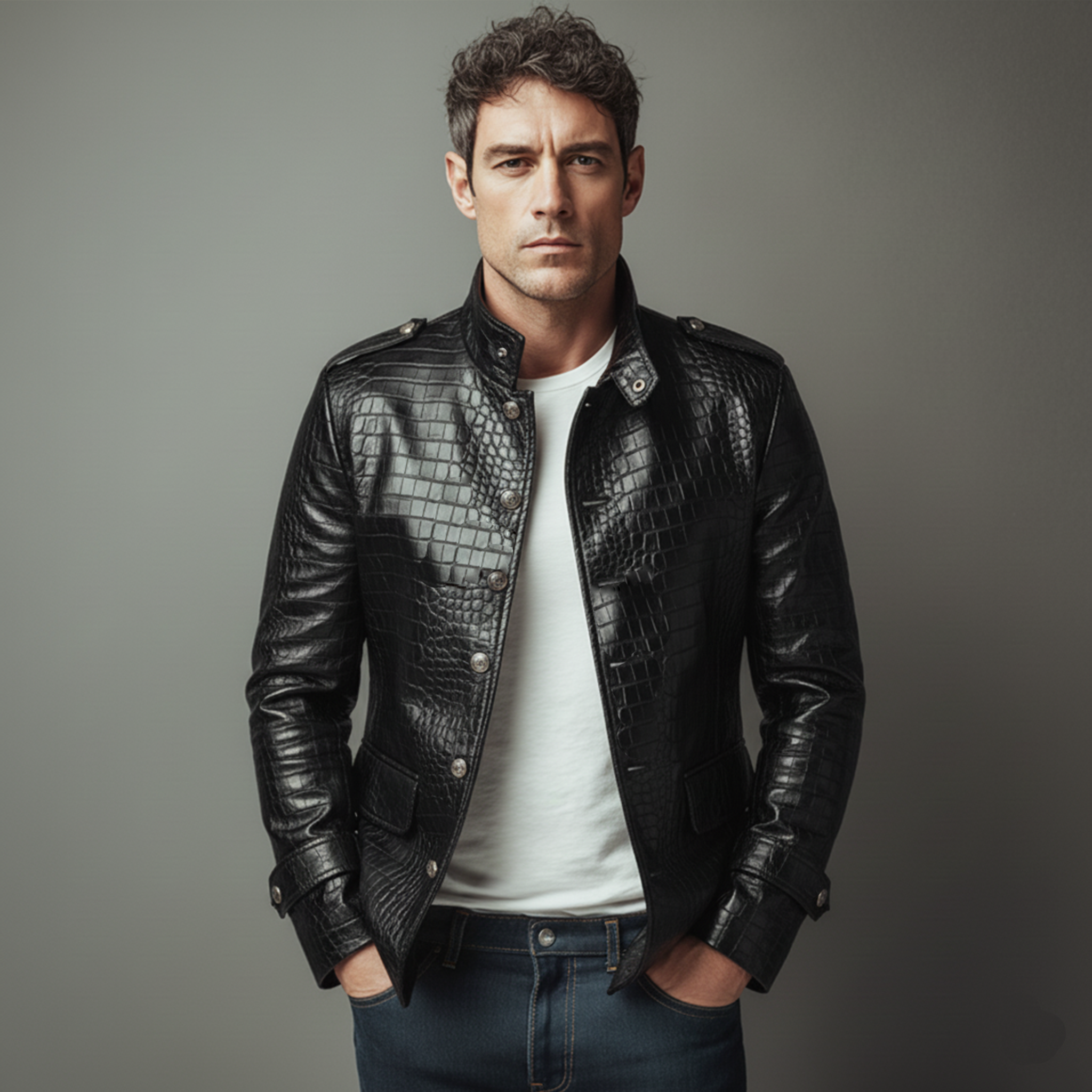 Men's Classic Casual Stand Collar Crocodile Leather Texture Pu Leather Jacket MTA1571J1K