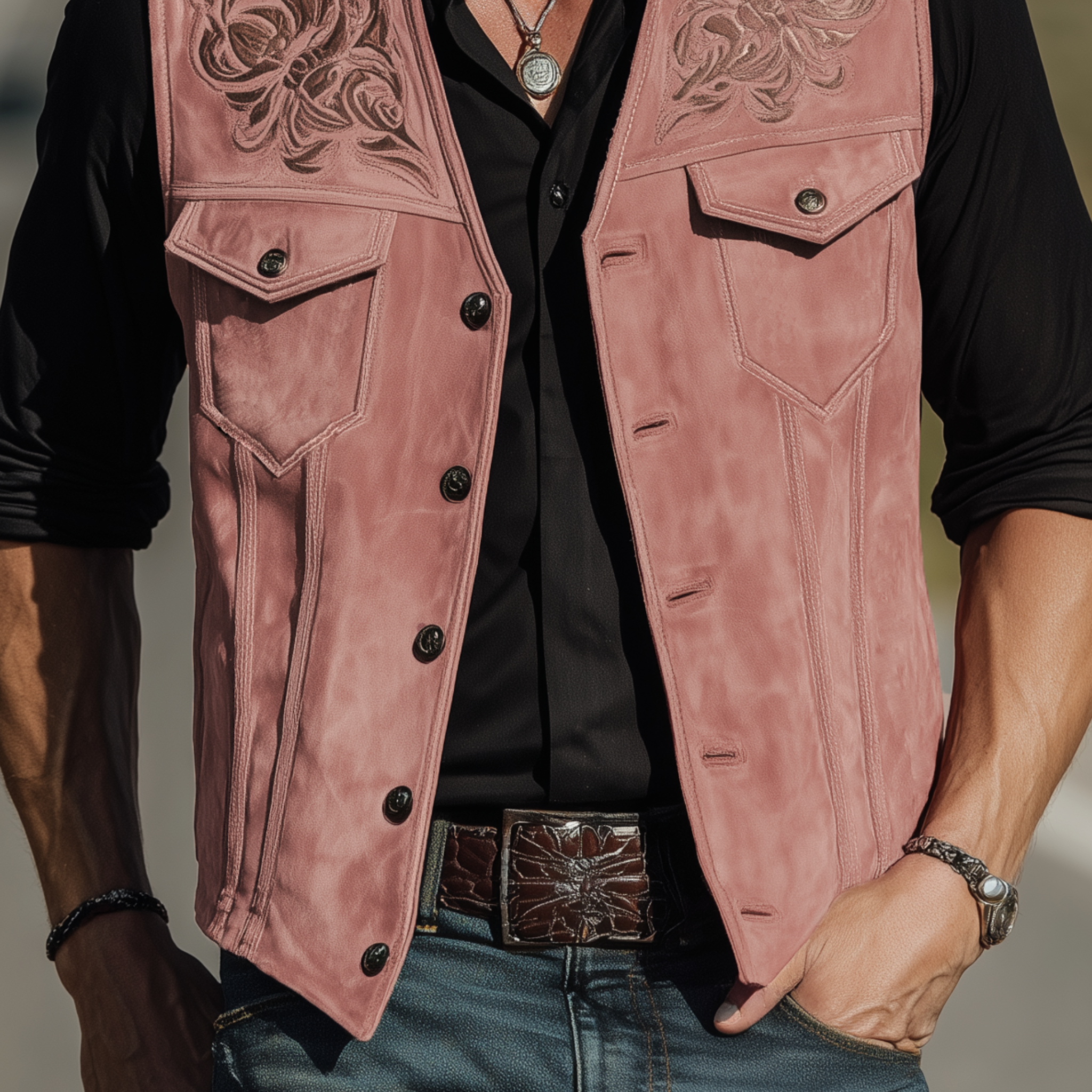 Men's Classic American Retro Western Style Pink Suede Embroidered Vest MTA1901H7K