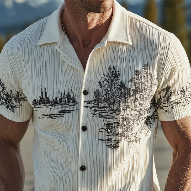 Men's Spring And Summer Classic Casual Ribbed Texture Fabric Embroidery Slim Short-sleeved Shirt MTA1188G6K
