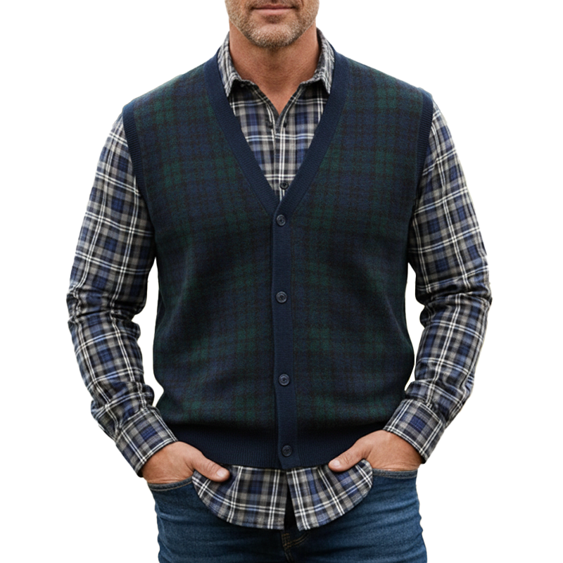 Men's Retro Color Block Plaid Cotton Knit Vest MTA1407K4P