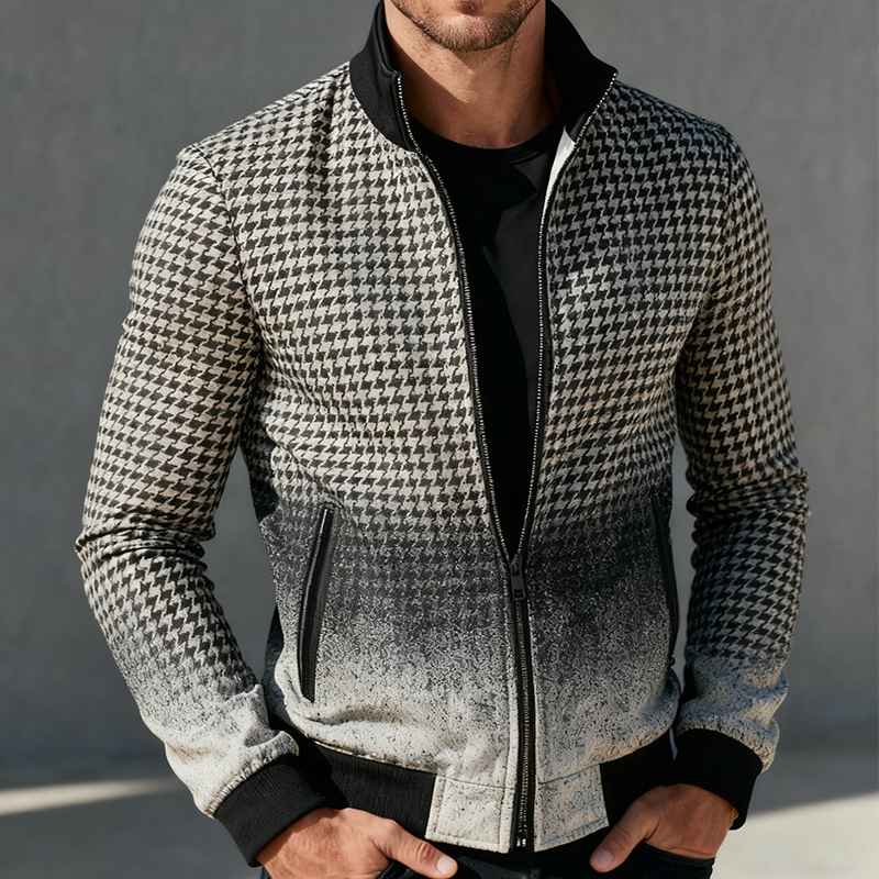 Men's Retro Casual Houndstooth Gradient Print Zip-Up Jacket MTA2491K9TO