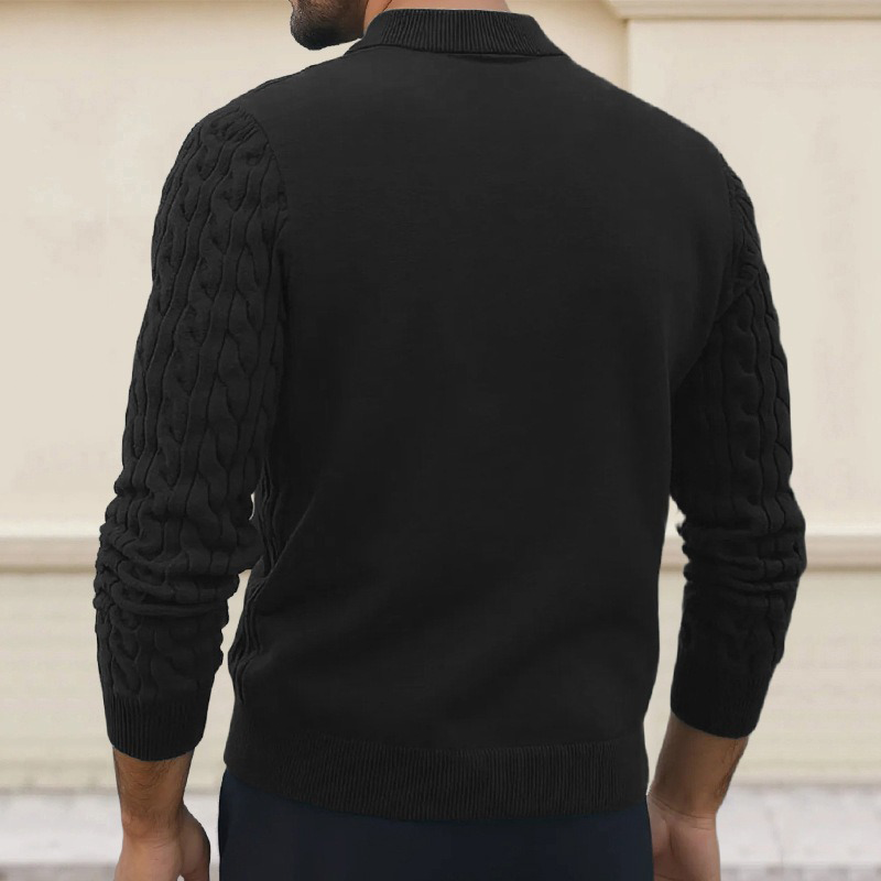 Men's Solid Color Slim-Fit Cable Textured POLO Neck Sweater MTA1373H6X