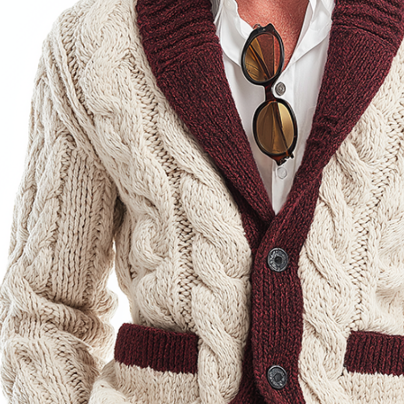 Men's Retro Casual Cable Knit Color Block Knit Button Cardigan MTA2893J2TO