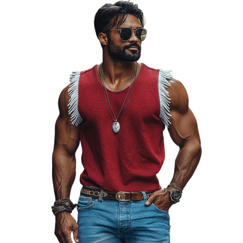 Men's Casual Breathable Cotton Round Collar Contrast Color Tassel Loose Tank Top MTA2114E8M