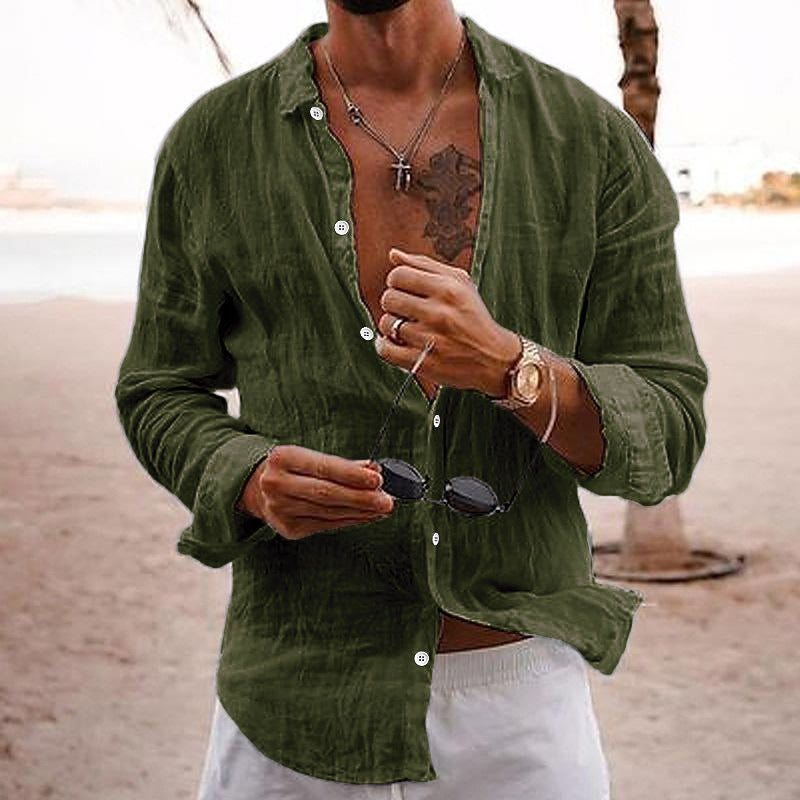 Camicia casual da uomo in cotone e lino a maniche lunghe, tinta unita, con risvolto 76098441M