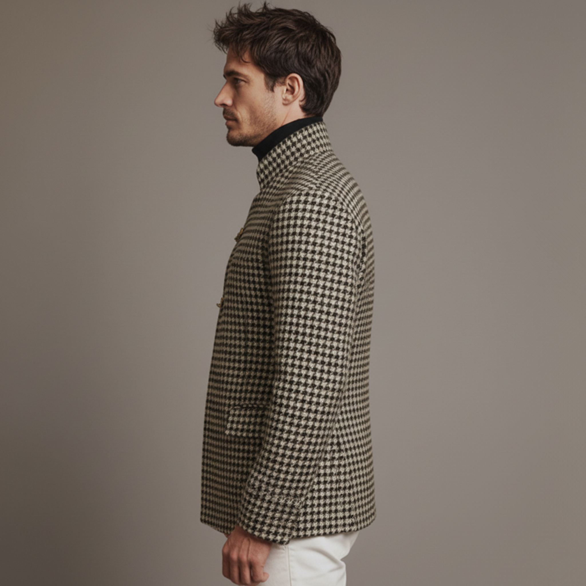 Men's Classic Retro Stand-up Collar Slanted Placket Metal Button Faux Houndstooth Wool Jacket MTA0876K0K