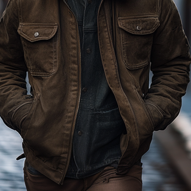 Men's Vintage Canvas Solid Lapel Zipper Jacket MTA1309I0X