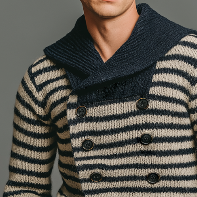 Men's Vintage Casual Navy Striped Knitted Lapel Sweater Double Breasted Cardigan MTA1477J4TO