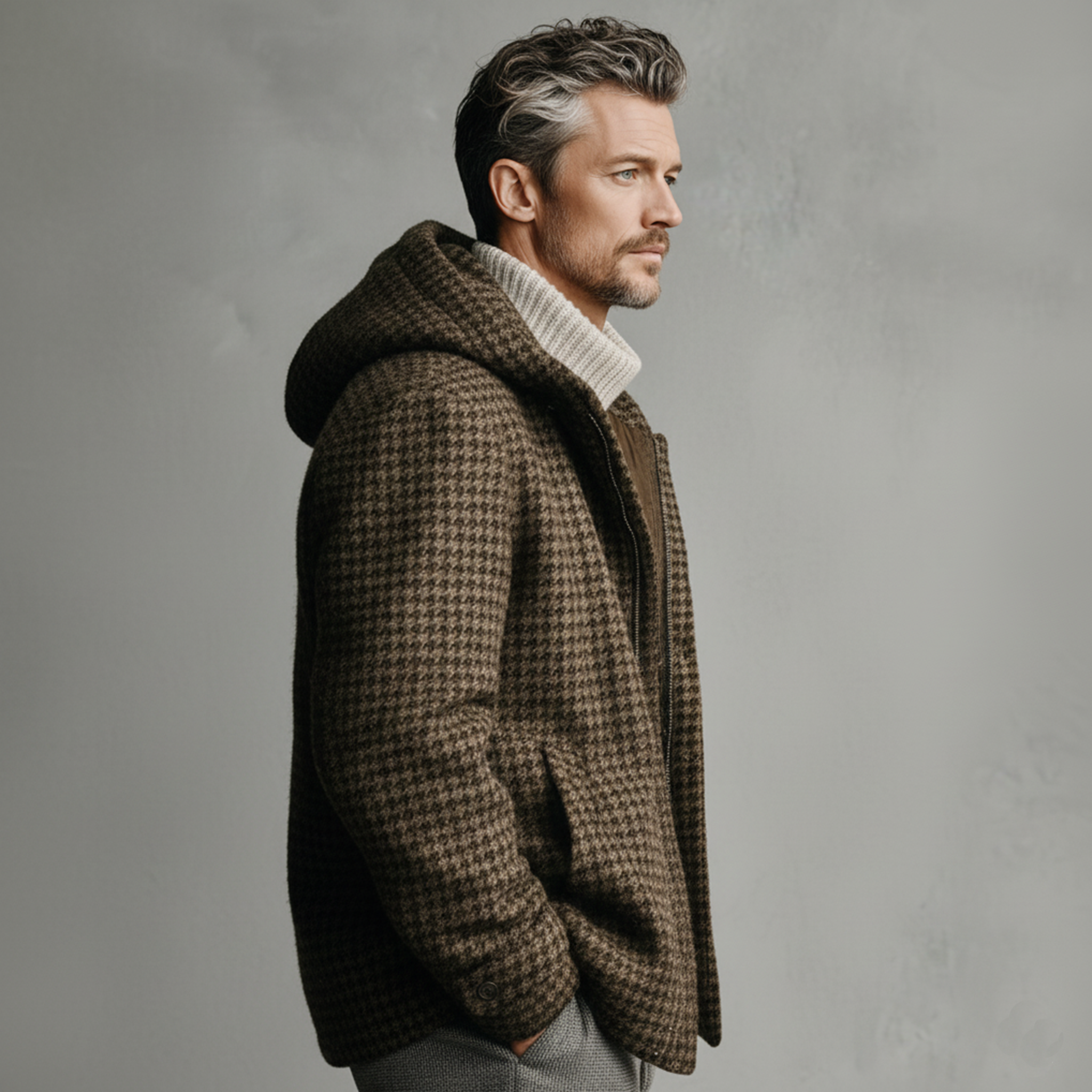 Men's Classic Light Business Hooded Zipper Faux Houndstooth Wool Jacket MTA1758J7K