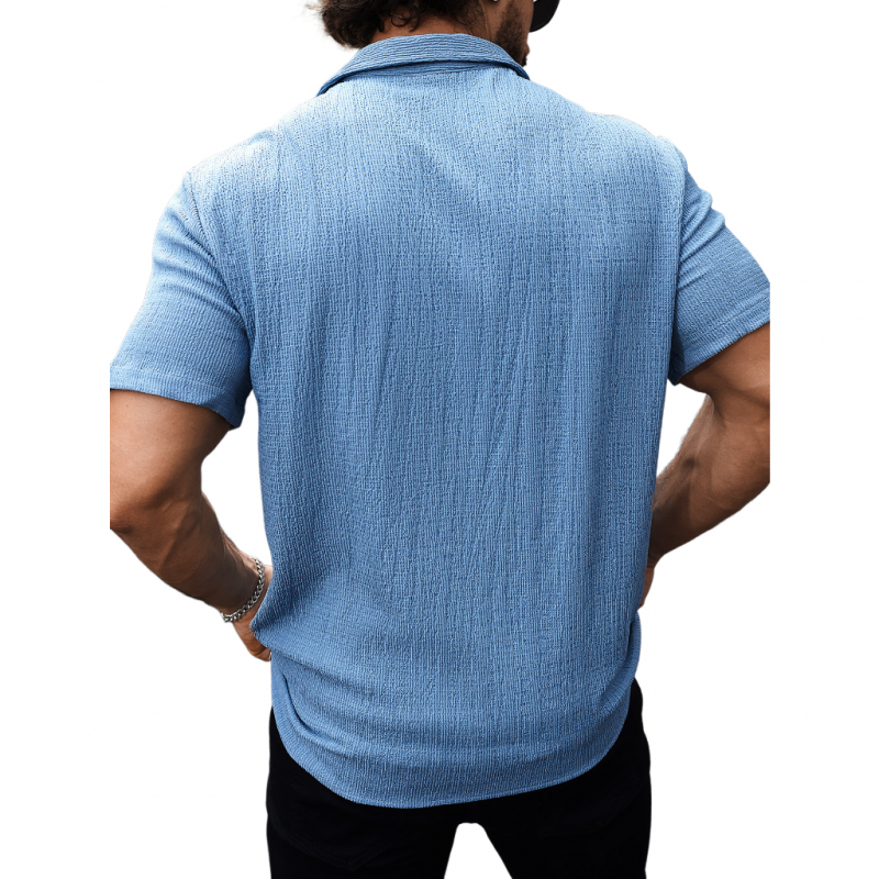 Men's Casual Cotton Blend Pleated Texture Lapel Slim Fit Short Sleeve Shirt MTA2683E7M