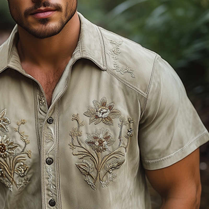 Men's Summer Floral Embroidered Suede Short Sleeve Shirt MTA0729F1U