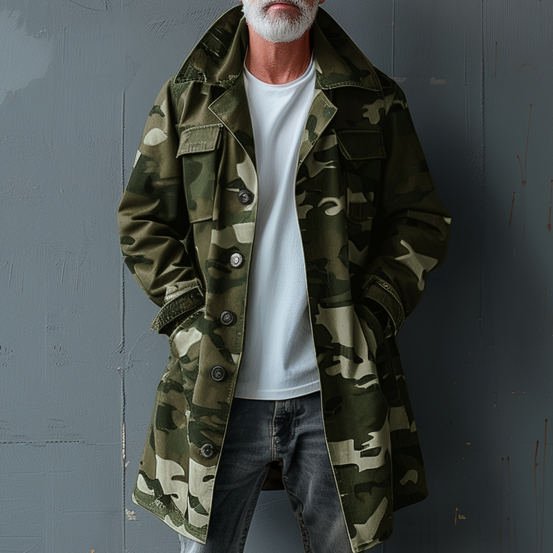 Gabardina de camuflaje para hombre, de largo medio, con solapa y bolsillo en el pecho, de botonadura sencilla, 74550095Z