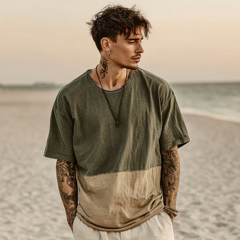 Men's Casual Outdoor Colorblock Patchwork Cotton Washed Distressed Round Neck Loose Short-sleeved T-shirt MTA1092G4M