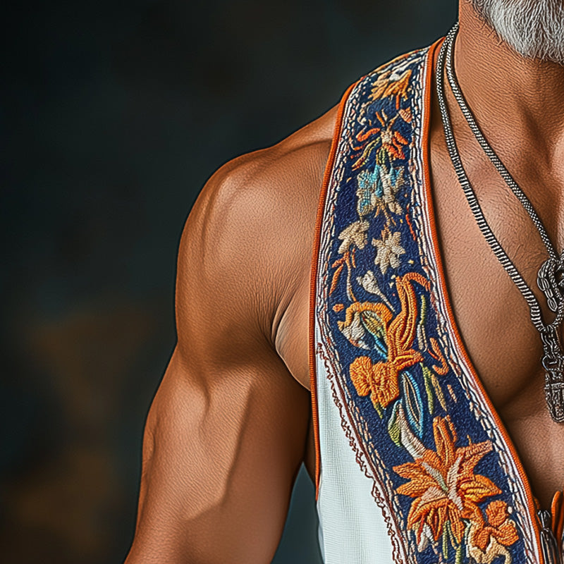 Men's Summer Ethnic Style Contrast Color Embroidery Knitted Tank Top MTA2983E2P
