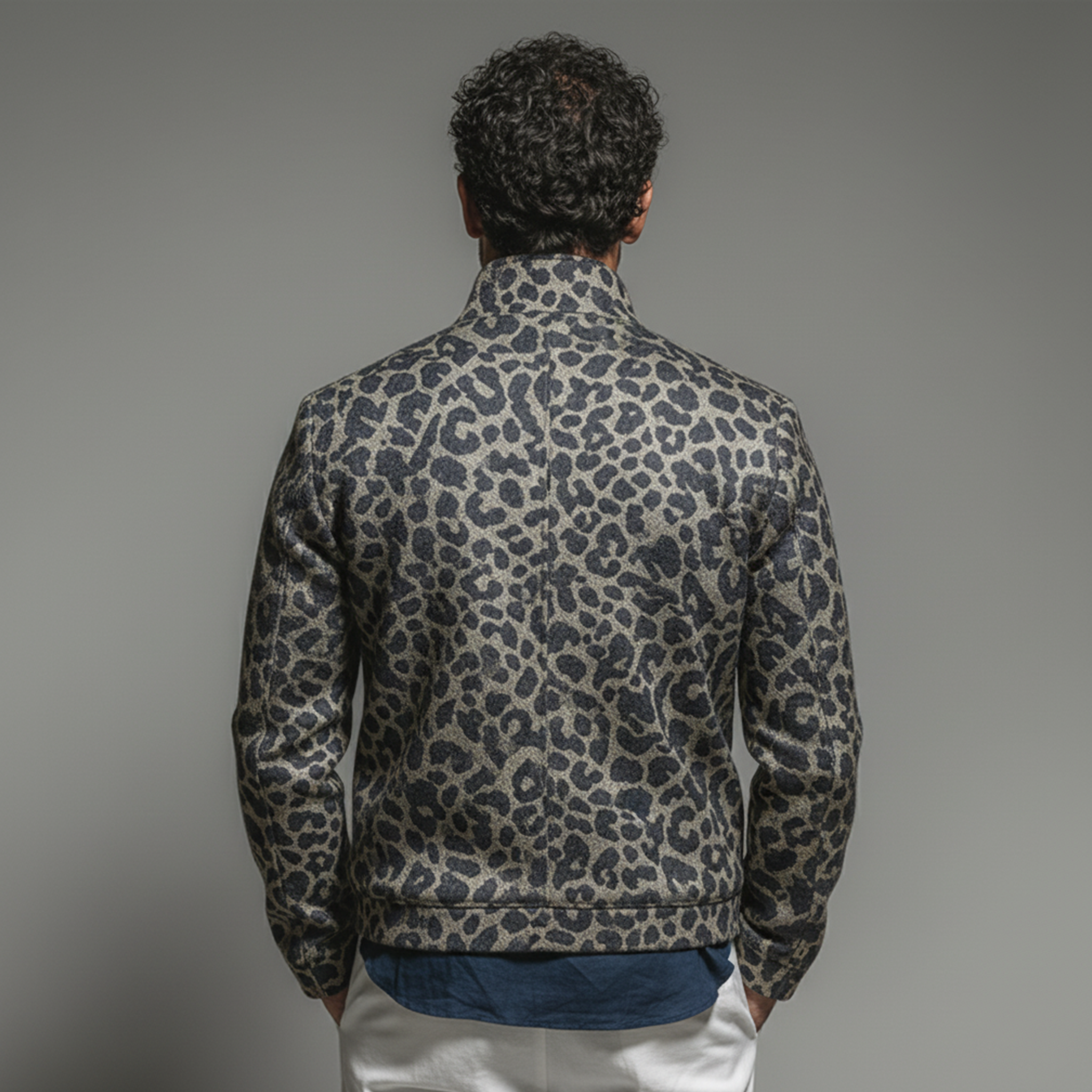 Men's Classic Retro Denim Jacquard Leopard Print Stand Collar Jacket MTA0193L6K