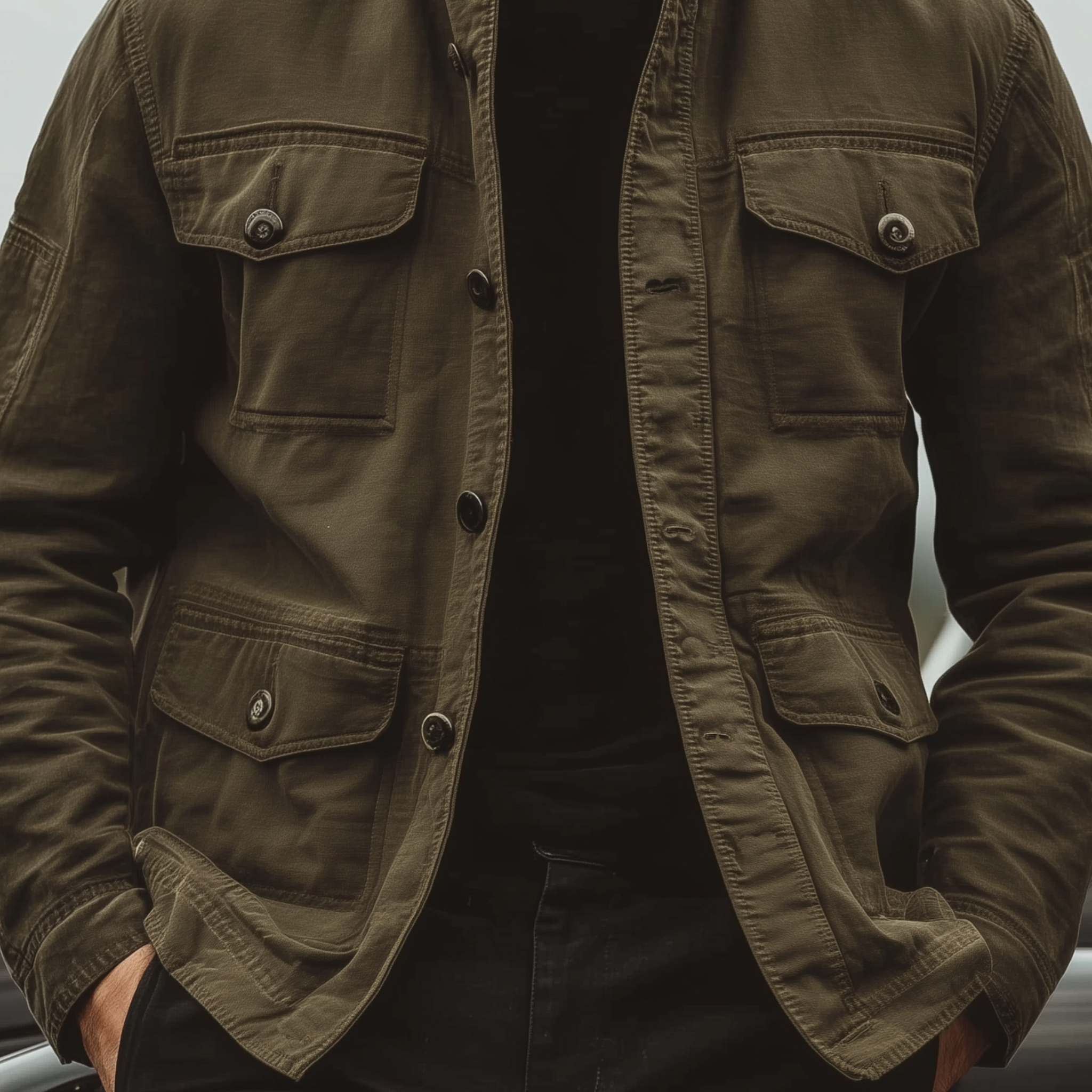 Men's Classic Casual Western Style Stand Collar Multi-Pocket Washed Twill Cotton Jacket MTA2961K1K