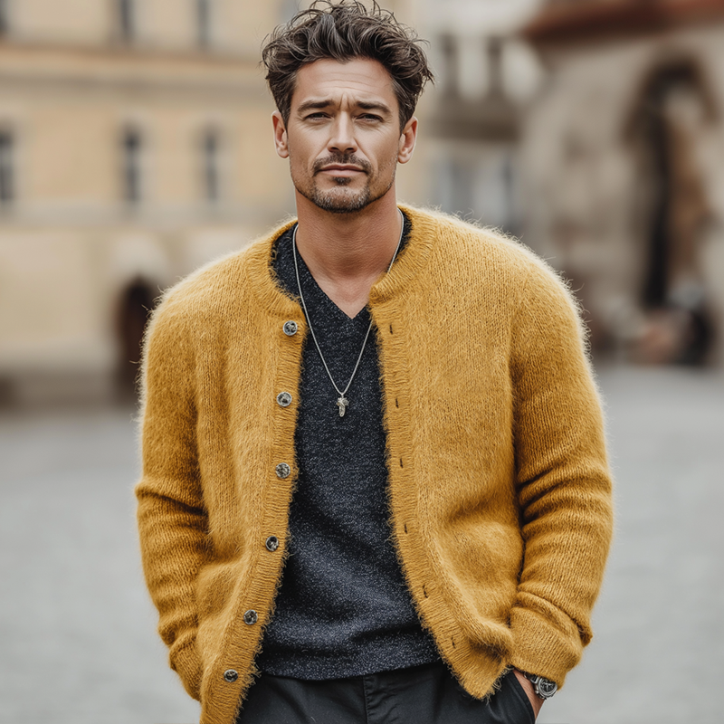 Men's Classic Mustard Yellow Faux Mink Fur Knitted Cardigan MTA1007L3U