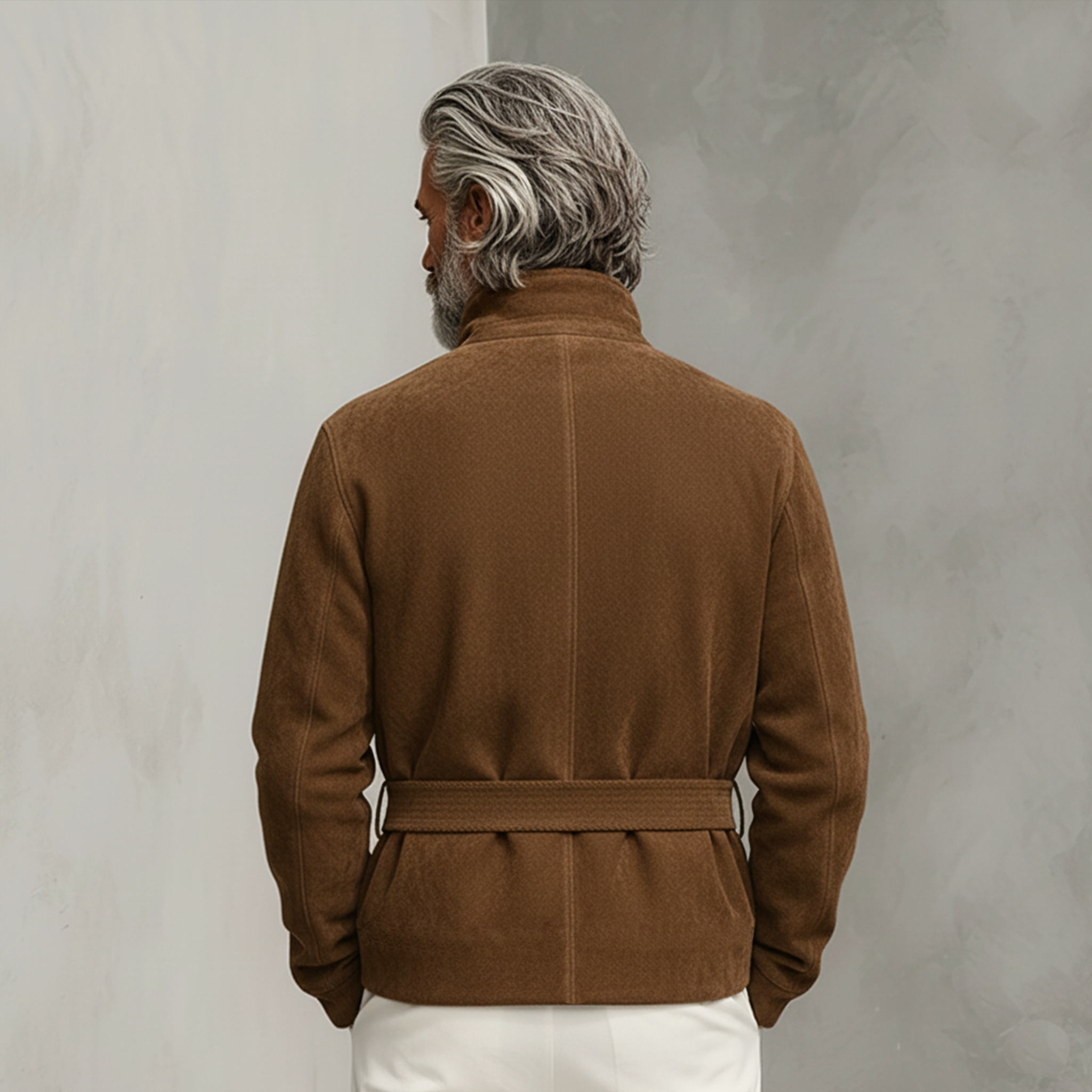 Men's Classic Retro Stand-up Collar Zip-up Slanted Placket Faux Suede Jacket (including Belt) MTA2590K9K