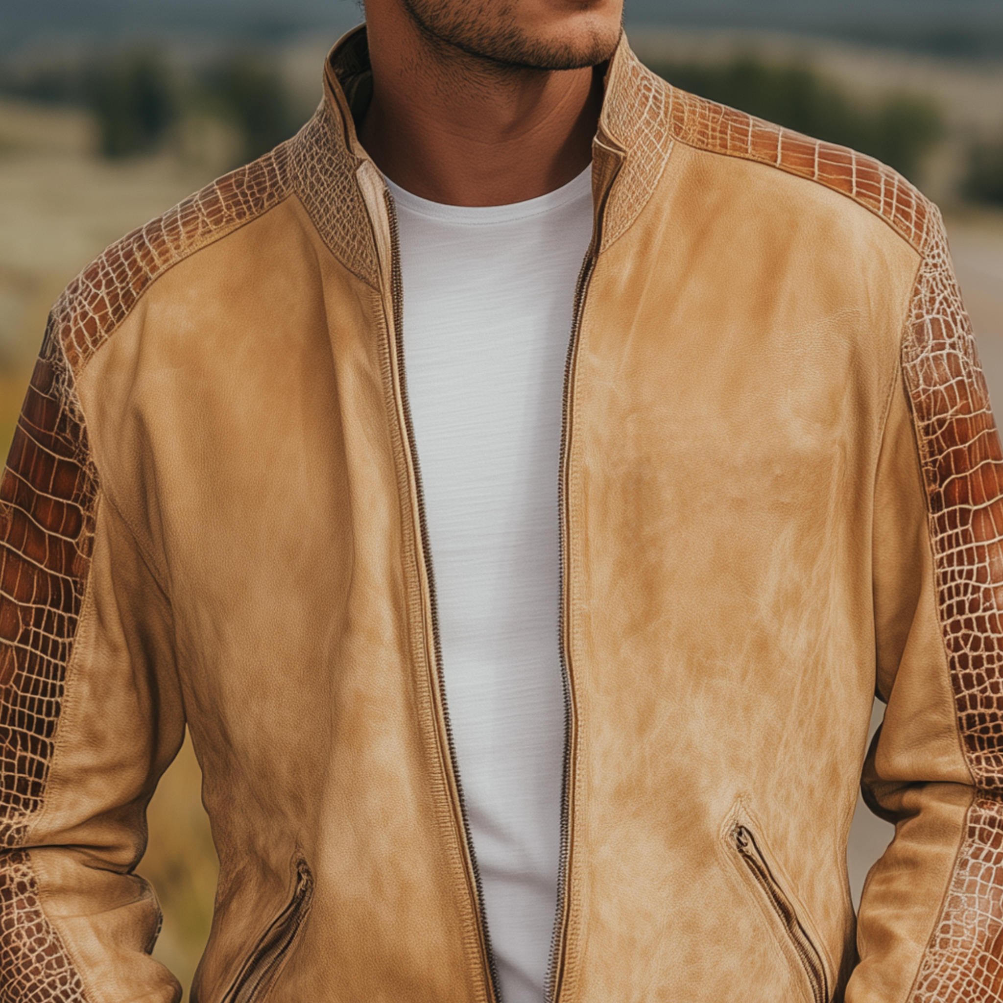 Men's Classic Retro Western Cowboy Style Stand Collar Textured Leather Patchwork Zipper Jacket MTA0575H0K