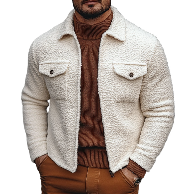 Men's Solid Color Fleece Lapel Button Jacket MTA2861K3X