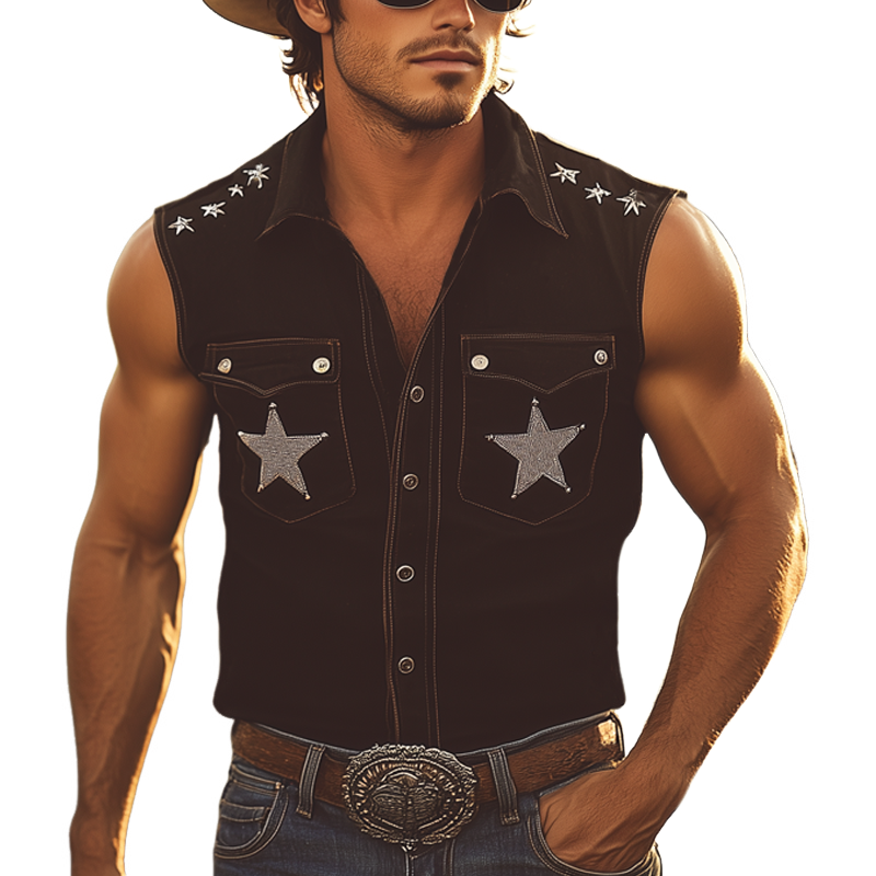 Men's Summer Western Style Star Embroidered Sleeveless Shirt MTA2664F1U