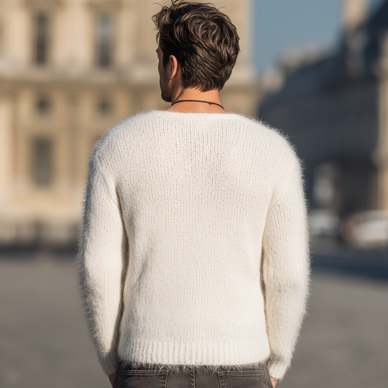 Men's Casual V-neck Knitted White Sweater MTA1717J4U