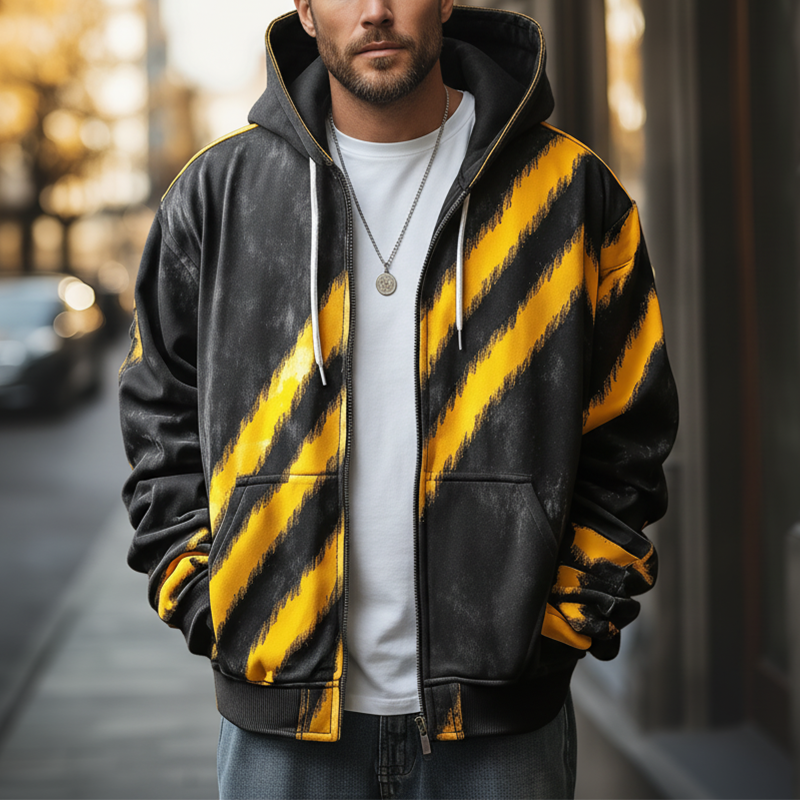 Men's Retro Distressed Color Block Printed Cotton Blend Hooded Cardigan MTA0341K7P