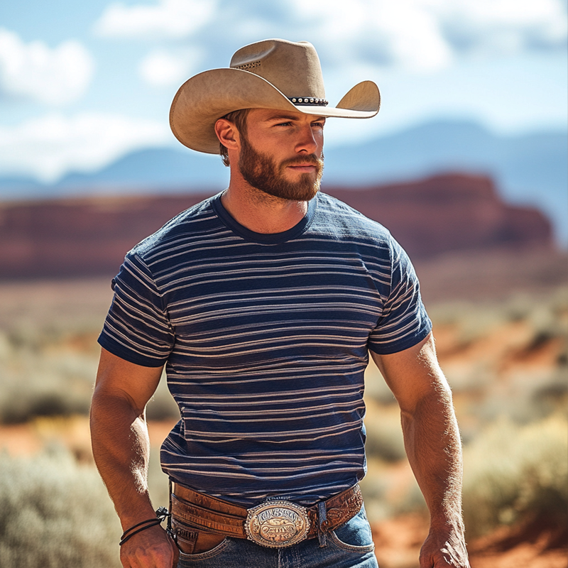 Herre t-skjorte med rund hals og korte ermer, stripete i western-cowboystil MTA2037E7Z
