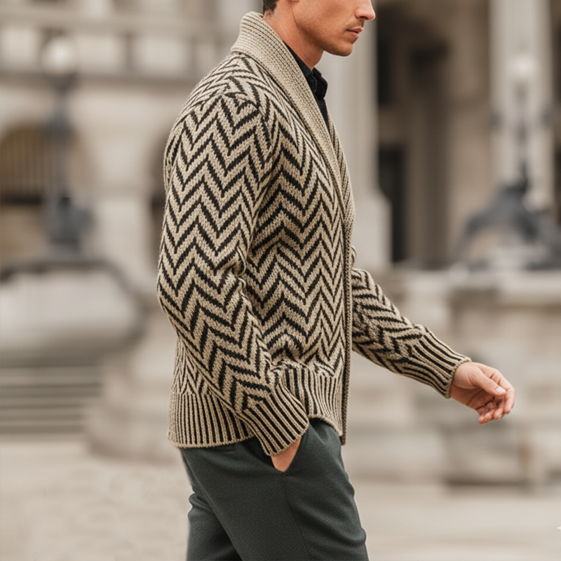 Men's Classic Light Khaki Zigzag Jacquard Lapel Knit Cardigan MTA2111J4U