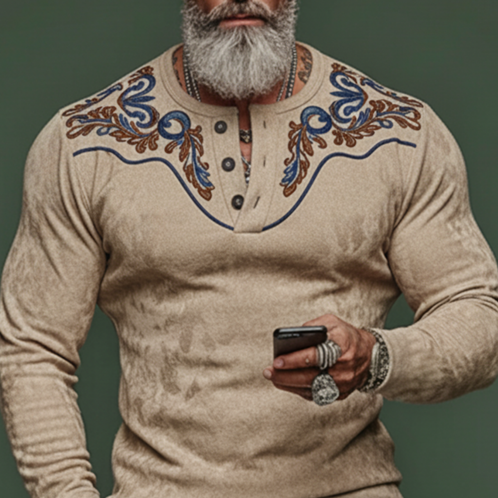 Men's Casual Western Rugged Style Henley Collar Embroidered Faux Suede Long-Sleeve T-Shirt MTA2770K2K