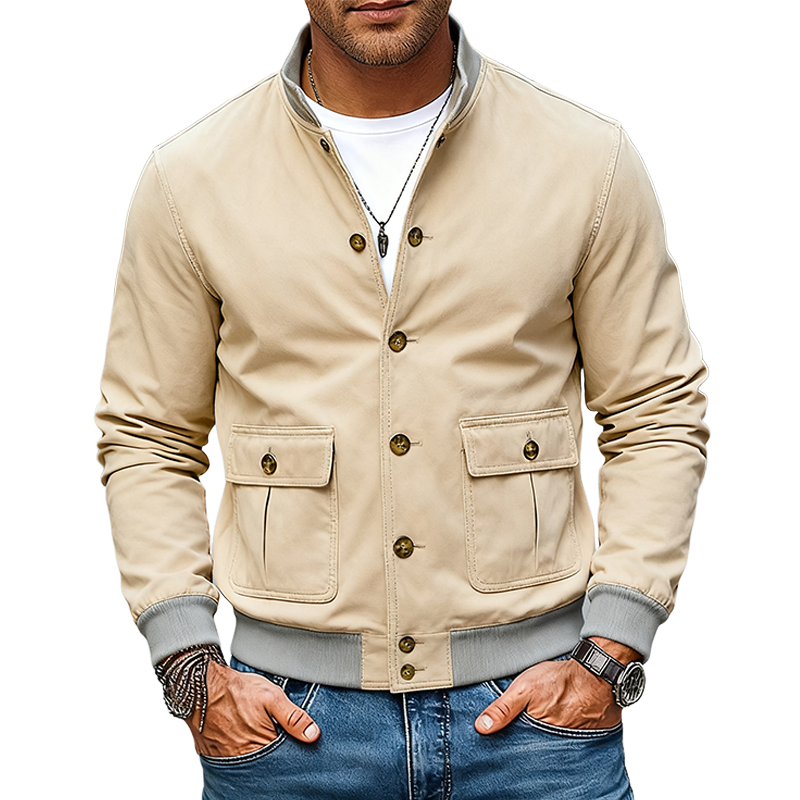 Men's Vintage Cotton Casual Stand Collar Solid Color Jacket MTA2408J5X