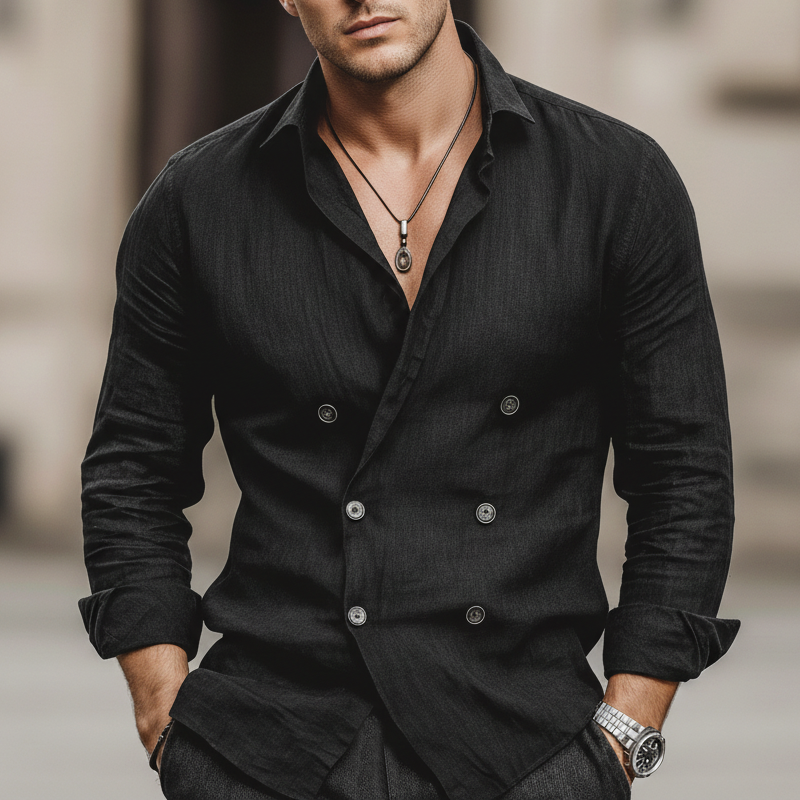 Men's Classic Business Double-breasted Black Cotton And Linen Long-sleeved Shirt MTZ1004B0U