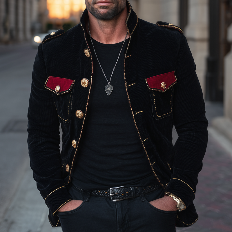 Men's Vintage Stand Collar Velvet Multi-Button Jacket MTA1901H1U