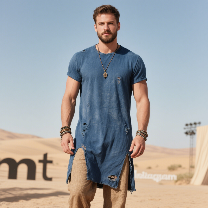 Men's Retro Casual Cotton Ripped Mid-Length Round Neck Short Sleeve T-Shirt MTA1844F5TO