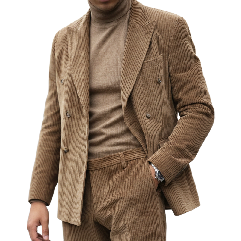 Men's Classic Camel Corduroy Double-Breasted Double-Slit Blazer MTA3095J7U