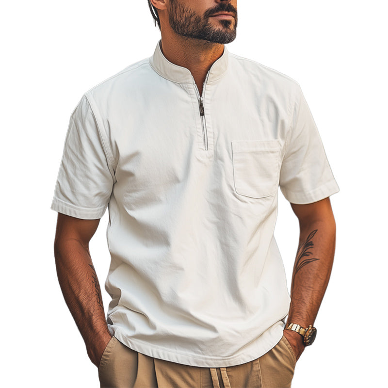Men's Summer Classic Solid Color Stand Collar Half Zip Short Sleeve T-Shirt MTA2473E8U