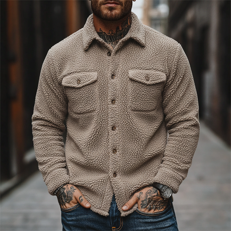 Men's Solid Color Fleece Collar Button-down Shirt Jacket MTA0165K6X