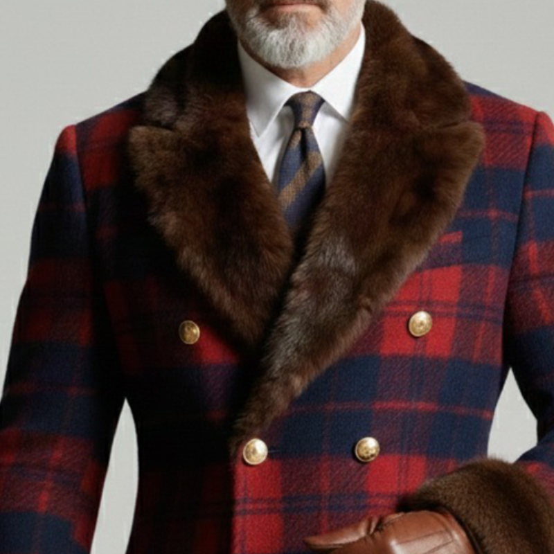 Men's Retro Casual Plaid Fur Collar Blazer MTA2955K3TO
