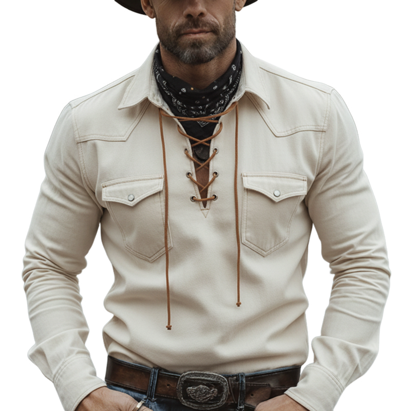 Men's Western Cowboy Style V-Neck Tie-Up Faux Suede Sweatshirt MTZ0955A8U
