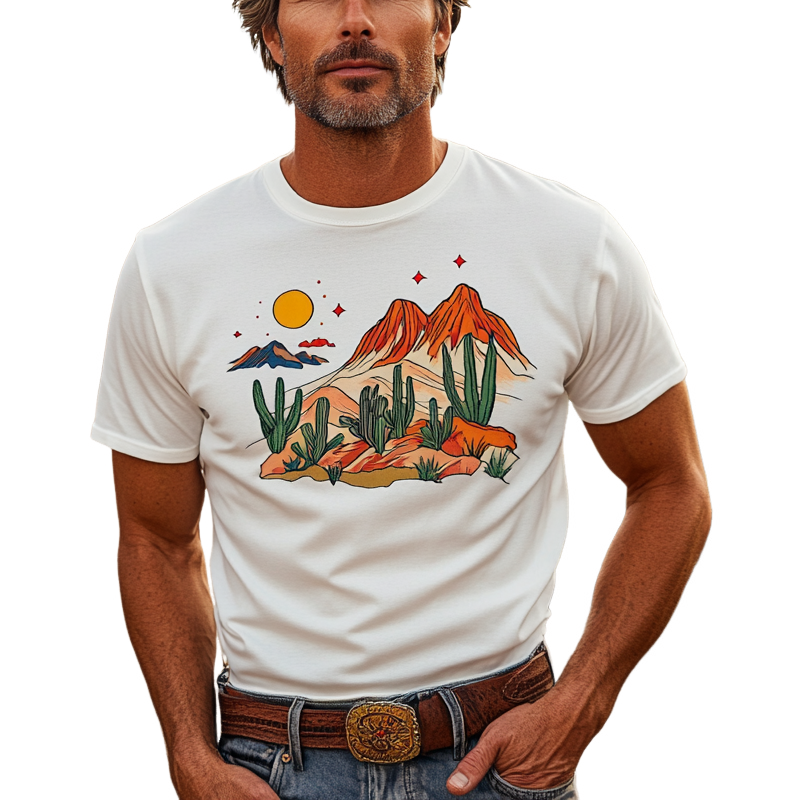 Herre t-skjorte med rund hals og korte ermer, cowboy-logo, ørkentrykk, MTA1096F9X