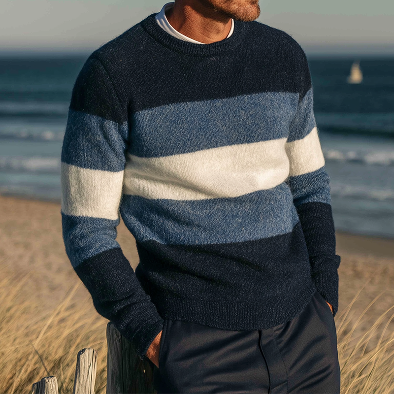 Men's Vintage Casual Knitted Striped V-neck Sweater MTA1948L0TO