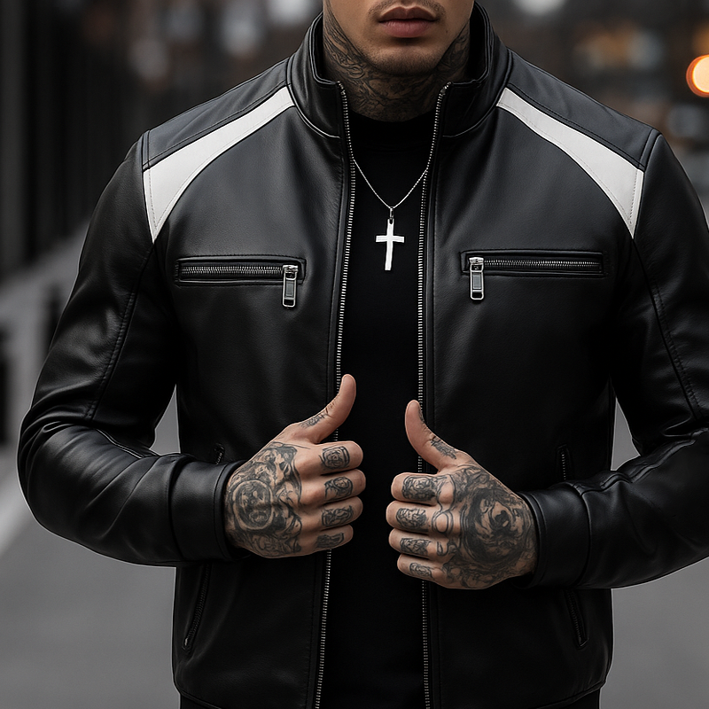 Men’s Fashion Colorblock PU Leather Stand Collar Zipper Bike Jacket MTA0489H1Z